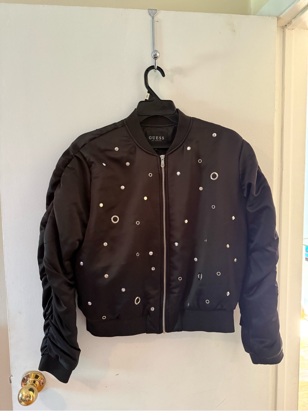 GUESS Black Bomber Jacket with Silver Eyelet Embellishments